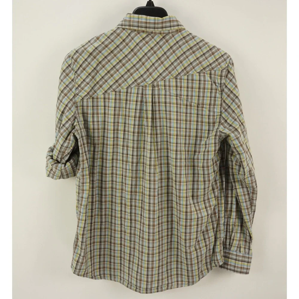 Gramicci Men's Medium Roll Tab Sleeve Yellow Blue Brown Cotton Utility‎ Shirt
